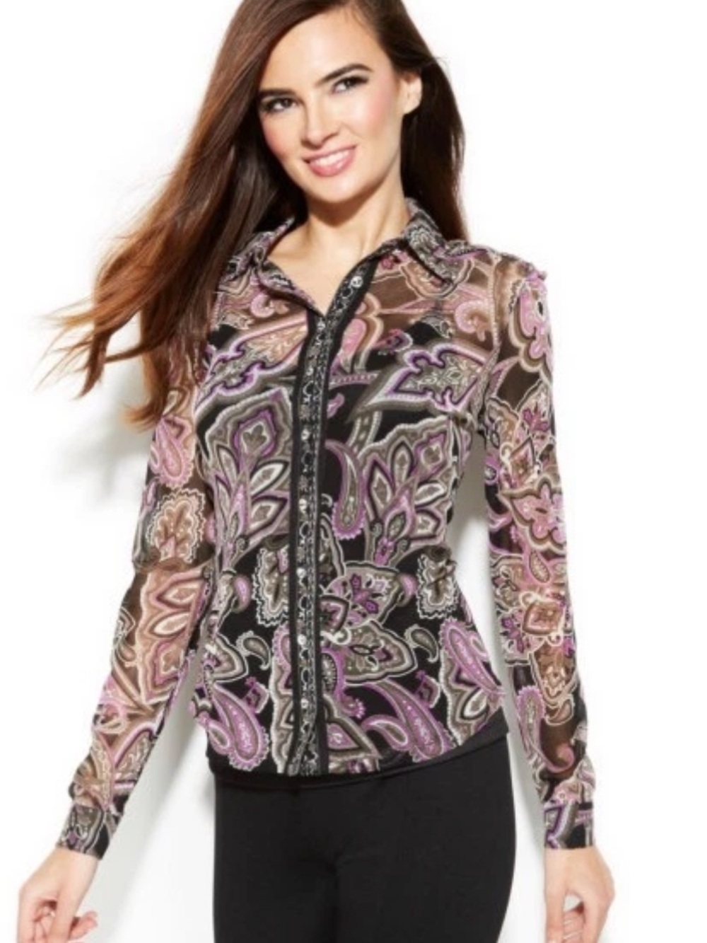 Vintage INC Sheer Paisley Button-Down Top - Black & Lavender